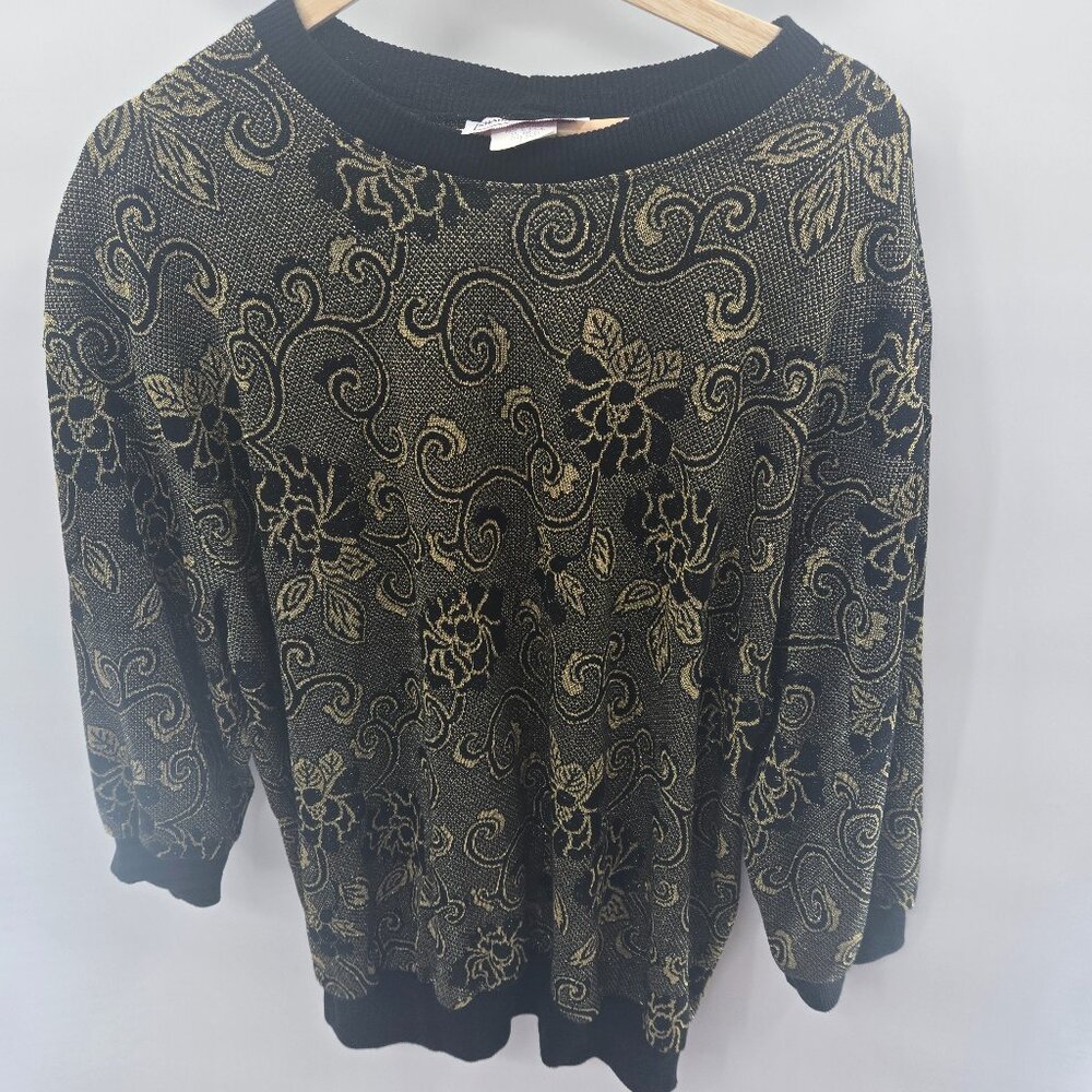 Vintage Susan Anthony Black Gold Floral Jacquard Swirl Sweater 1x